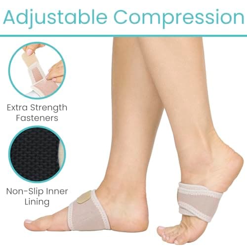 Vive Foot Arch Support Brace - Pain Relief for Flat Feet & Plantar Fasciitis - Compression Strap with Gel Bands (Beige)