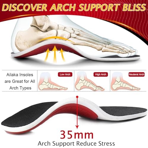 Ailaka High Arch Support Insoles for Flat Feet, Plantar Fasciitis Relief