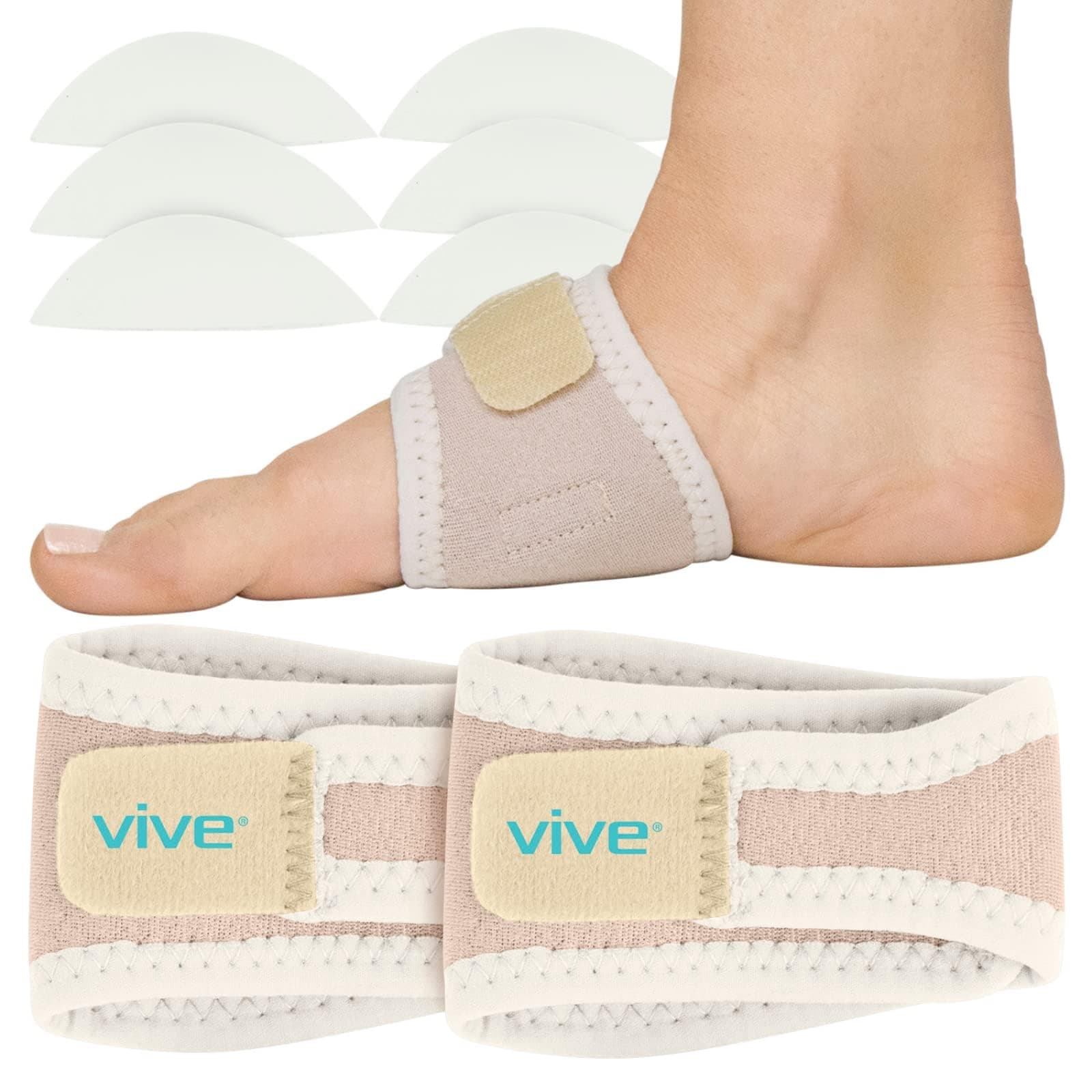 Vive Foot Arch Support Brace - Pain Relief for Flat Feet & Plantar Fasciitis - Compression Strap with Gel Bands (Beige)